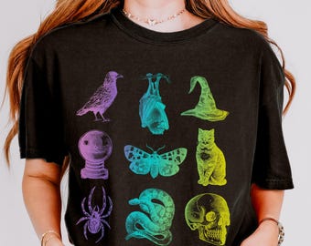 Gradient Neon Halloween Comfort Colors Shirt, Trendy Halloween, Gothic Aesthetic, Vintage Halloween, Witch Clothing, Cat Bat Crow Skull Gift