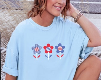America Flower Shirt, Retro 4th Of July Shirt, Fourth Of July TShirt, American Graphic Tee, Patriotic Shirt, Retro USA Shirt, Comfort Colors