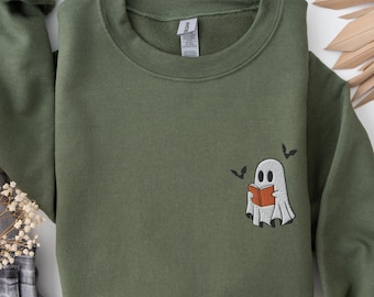 Embroidered Ghost Reading Book Sweatshirt, Read More Books, Halloween Embroidery, Spooky Teacher Ghost, Ghost Embroidery, Halloween Teacher
