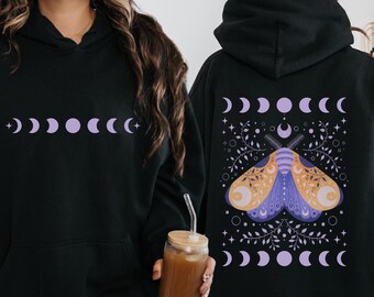 Celestial Moth Hoodie, Mystical Moon Phases Sweatshirt, Whimsigoth Hoodie, Witchy Aesthetic, Moth Lover Gifts, Cottagecore Witchy Hoodie