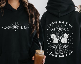 Celestial Cat Hoodie, Mystical Moon Phases Sweatshirt, Mystical Cat Hoodie, Witchy Aesthetic, Cat Lover Gifts, Cottagecore Witchy Cat Hoodie