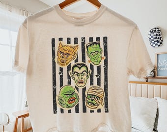 Striped Monster Halloween Comfort Colors Crop Top, Vintage 90s Horror Movie Graphic Boxy Top, Spooky Season Crop Top, Trendy Halloween Shirt