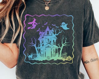 Spooky Pastel Gradient Haunted House Comfort Colors Halloween Shirt, Bats Witch Ghost Cat Shirt, Trendy Pastel Goth Halloween Lover Gift