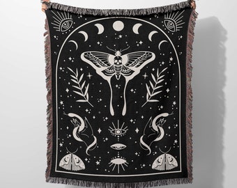 Death Moth Woven Throw Blanket, Mystical Moth Blanket, Witchy Woven Throw Blanket, Moon Phase Blanket, Goth Home Decor, Death Head Moth