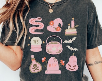 Comfort Colors Cottagecore Doodle Whimsigoth Halloween Shirt, Cute Spooky Retro Halloween Shirt, Witchy Shirts, Witch Aesthetic Clothing