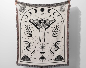 Death Moth Woven Throw Blanket, Mystical Moth Blanket, Witchy Woven Throw Blanket, Moon Phase Blanket, Goth Home Decor, Death Head Moth