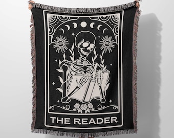 The Reader Tarot Woven Throw Blanket, Skeleton Reading, Reading Blanket, Witchy Decor, Housewarming Gift, Book Lover Gift, Bookworm Blanket