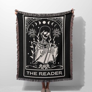 The Reader Tarot Woven Throw Blanket, Skeleton Reading, Reading Blanket, Witchy Decor, Housewarming Gift, Book Lover Gift, Bookworm Blanket