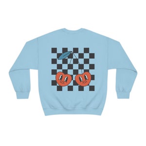 Cherry Sweatshirt, Checkered Cherries Shirt, Retro Checkered, Checker Shirt, Foodie Gift, Checkerboard Crewneck, Trendy Aesthetic Sweatshirt Light Blue