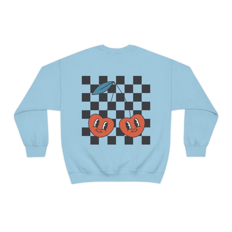 Cherry Sweatshirt, Checkered Cherries Shirt, Retro Checkered, Checker Shirt, Foodie Gift, Checkerboard Crewneck, Trendy Aesthetic Sweatshirt Light Blue