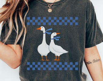 Comfort Colors® Checker Geese Shirt, Blue Ribbon Retro Goose Shirt, Cottagecore Clothing, Spring Shirts, Farm Animal Shirt, Vintage Style
