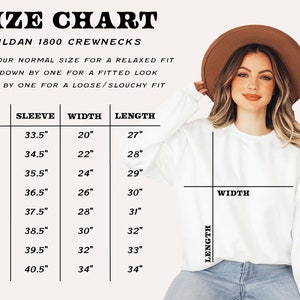 May include: Size chart for Gildan 1800 crewneck sweatshirts. The chart shows the size, sleeve length, width, and length in inches for sizes S through 5XL.