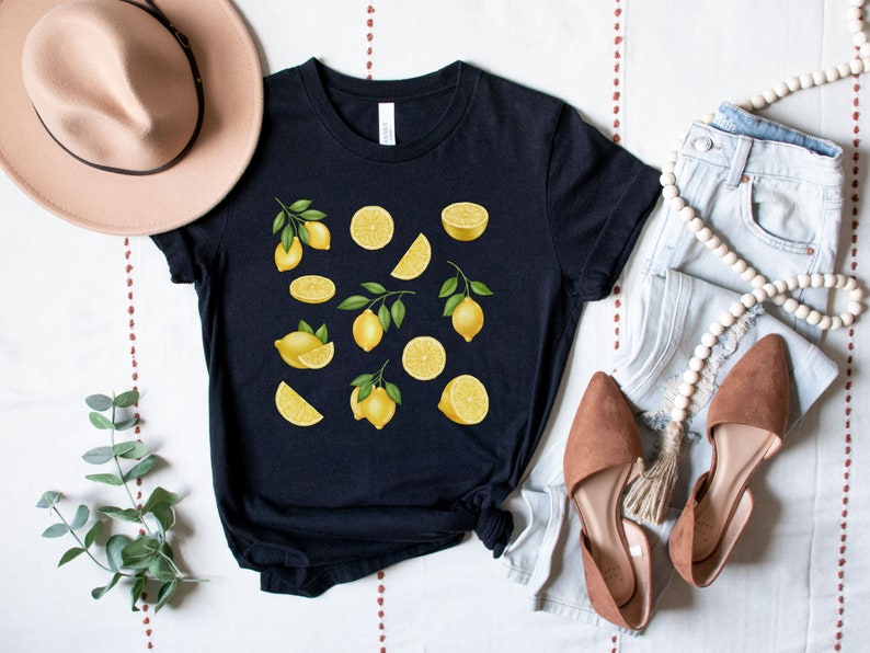 Lemon Fruit Shirt, Citrus Shirt, Cottagecore Clothing, Botanical Shirt, Lemon Lover Gift, Spring Shirts, Summer Aesthetic, Lemon Clothing Black