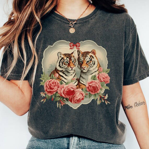 Retro Tiger Shirt, Comfort Colors® Shirt, Gift For Big Cat Lovers, Vintage Inspired Tiger Shirt, Tigers With Roses, Tiger Valentines Day Tee