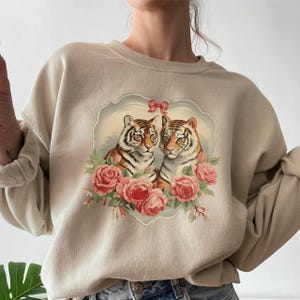 Retro Tiger Sweatshirt, Big Cat Crewneck, Gift for Tiger Lovers, Vintage Tiger Sweatshirt, Tigers With Roses, Tiger Valentines Day Crewneck