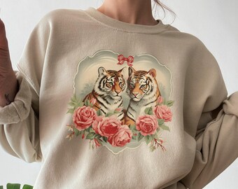 Retro Tiger Sweatshirt, Big Cat Crewneck, Gift for Tiger Lovers, Vintage Tiger Sweatshirt, Tigers With Roses, Tiger Valentines Day Crewneck