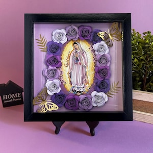 Moldura de caixa de sombra Nossa Senhora de Guadalupe - Flores de papel artesanais - Cuadro de la Virgencita de Guadalupe - Presente de Natal