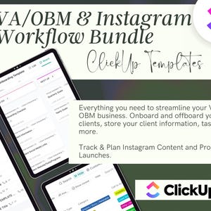 Può includere: Uno screenshot di un modello ClickUp per bundle di flusso di lavoro VA/OBM e Instagram. Il modello è progettato per aiutare a semplificare le operazioni aziendali, integrare e disintegrare i clienti, archiviare le informazioni sui clienti e tenere traccia dei contenuti di Instagram e dei lanci di prodotti.