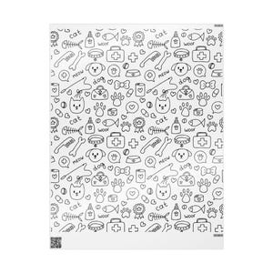 May include: A black and white seamless pattern featuring various pet-related icons, including cats, dogs, bones, paw prints, hearts, fish, collars, first aid kits, and the words "meow" and "woof".