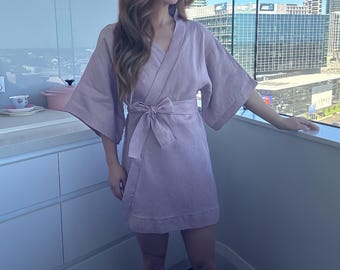 Handmade 100% Pure Linen Japanese Kimono Robe in Dusty Pink, Above Knee Length,