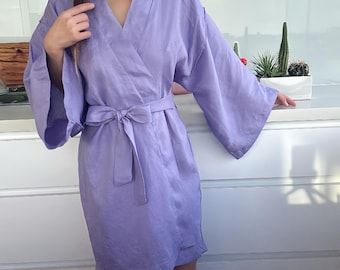 Handmade 100% Pure Linen Japanese Kimono Robe in Lavender, Knee Length, Relaxed fit