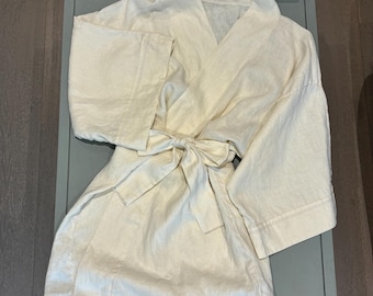 100% Pure Linen Japanese Kimono Robe Handmade in White