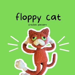 Könnte beinhalten: Häkelanleitung für eine schlaffe Katze. Die Katze ist rot mit weißen Akzenten und hat grüne Augen. Das Muster heißt "Floppy Cat" und ist von ej.crochet.and.patterns. Seite 1 des Musters ist abgebildet.