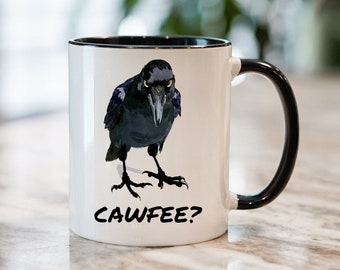 Kråka Cawfee-mugg, kråkkonst, svart korpmugg, kråkkaffekopp, svart fågelmugg, kråkälskares present, korpkaffekopp, fågelälskares present, korpkonst