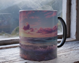 Soluppgångsmugg, nautisk mugg, färgskiftande kopp, kustmugg med kaffe, havsvågsmugg, solnedgångsmugg med strandmotiv, strandkaffekopp, färgskiftande mugg