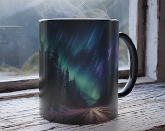 Norrskensmugg, Tallmugg, Färgskiftande Mugg, Aurora Borealis-mugg, Färgförvandlande Mugg, Vintermugg, Vintergröna Träd-mugg