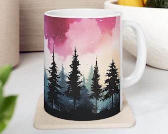 Akvarellmugg, norrskensmugg, tallmugg, norrskensmugg, keramisk skogsmugg, vintergröna trädmugg, vintermugg, naturmugg