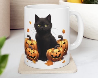 Halloween Mug, Black Cat Halloween Mug, Halloween Cat Gift, Autumn Mug, Black Cat Owner Mug, Black Cat Lovers, Pumpkin Mug, Cat Pumpkin Mug