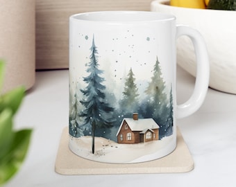 Winter Mug, Christmas Mug, Christmas Present, Ceramic Forest Mug, Evergreen Trees Cup, Christmas Gift Mug, Watercolor Mug, Pine Trees Mug
