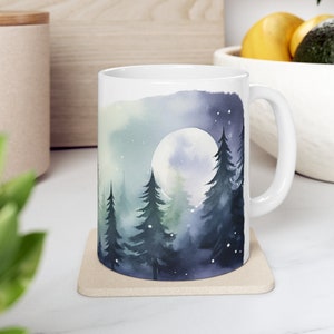 Night in Winter Mug, Winter Coffee Mug, Forest Themed Coffee Mug, Ceramic Forest Mug, Aurora Mug, Forest Mug, Christmas Gift, Evergreen Cup