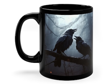 Kråkammugg, svart fågelmugg, svart korpmugg, svart 340 g mugg, Whimsigoth-mugg, mystisk korp, gotisk mugg, svart kråkamugg, kråkkaffemugg