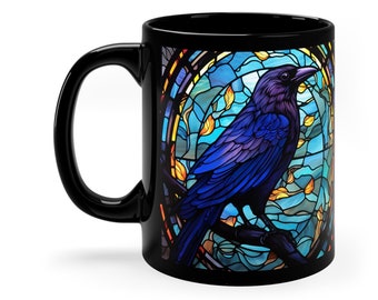 Black Raven Mug, Halloween Mug, Black Bird Mug, Halloween Coffee Mug, Halloween Gift, Mystical Raven, Stain Glass Art, Gothic Mug, Crow Mug