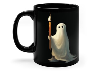 Caneca de café fantasma de Halloween, caneca assustadora, fantasma segurando uma vela, caneca de café de outono, caneca de Halloween, caneca fantasma, fantasma assustador, caneca personalizada