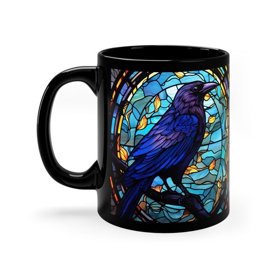 Black Raven Mug, Halloween Mug, Black Bird Mug, Halloween Coffee Mug, Halloween Gift, Mystical Raven, Stain Glass Art, Gothic Mug, Crow Mug