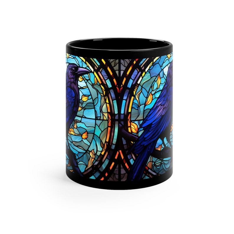 Black Raven Mug, Halloween Mug, Black Bird Mug, Halloween Coffee Mug, Halloween Gift, Mystical Raven, Stain Glass Art, Gothic Mug, Crow Mug image 2