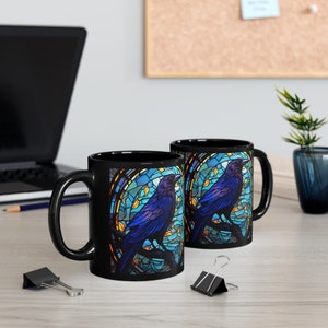 Black Raven Mug, Halloween Mug, Black Bird Mug, Halloween Coffee Mug, Halloween Gift, Mystical Raven, Stain Glass Art, Gothic Mug, Crow Mug image 4