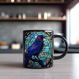 Black Raven Mug, Halloween Mug, Black Bird Mug, Halloween Coffee Mug, Halloween Gift, Mystical Raven, Stain Glass Art, Gothic Mug, Crow Mug image 5