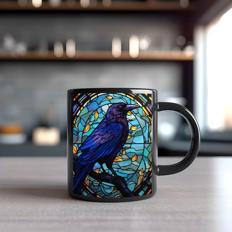 Black Raven Mug, Halloween Mug, Black Bird Mug, Halloween Coffee Mug, Halloween Gift, Mystical Raven, Stain Glass Art, Gothic Mug, Crow Mug image 5