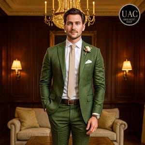 Green Linen Men&#39;s Suit: Slim Fit Wedding Prom Style