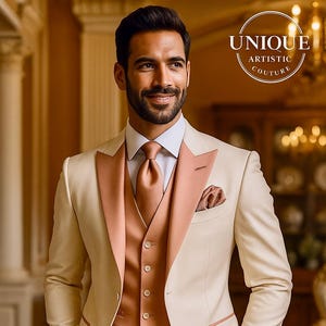 Beige 3-Piece Tuxedo Suit: Peach Vest, Wedding Formalwear, Suits For Men Gift