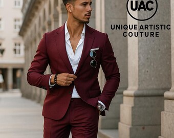メンズ バーガンディ スーツ スリムフィットスーツ エレガントスーツ