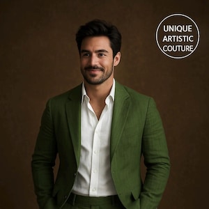 Green Linen Wedding Suit: Artistic Couture, New Year Party Wear