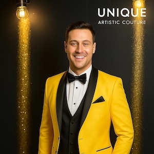 Unique Artistic Designer Yellow Men&#39;s Suit: Luxury Black Vest, 3-Piece Wedding Suit