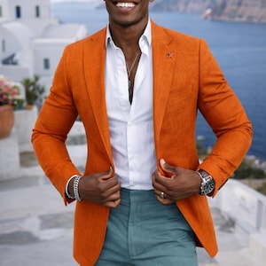 Men Luxury Jackets, Mens Orange Linen Blazer: Style Two-Button Coat Handmade