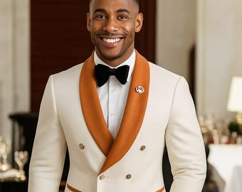 Off-White Smokinganzug: Rostfarbenes Schalkragen-Sakko, zweireihiges Jackett, elegante Festtagsgarderobe