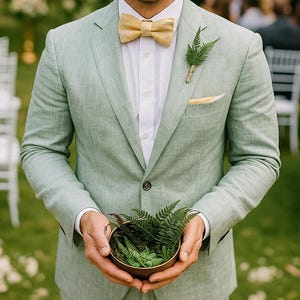 Unique Artistic Couture Sage Green Linen Suit: Handmade Formal Men&#39;s Suit